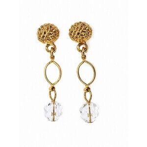 Vintage Gold Tone Knot Ball Dangle Earrings Faceted Clear Crystal Bead Drop Post